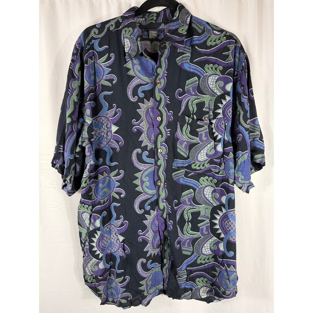 Shah Safari Vintage Y2K Rayon Abstract Print Button Down‎ Shirt Mens Large